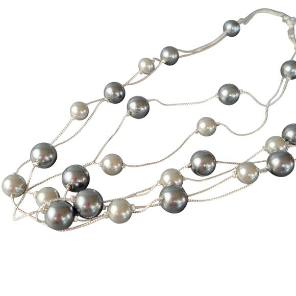 Silver-Tone 36" Multi-Strand Gray Faux Pearl Layered Necklace, Drop Earrings Set - Picture 3 of 14